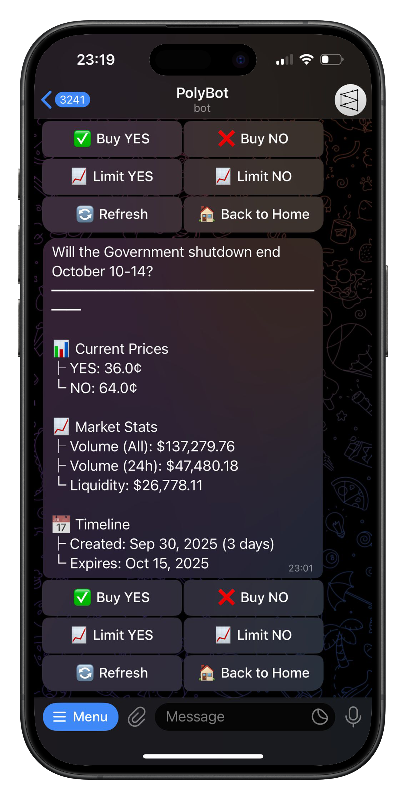 PolyBot trading interface mockup